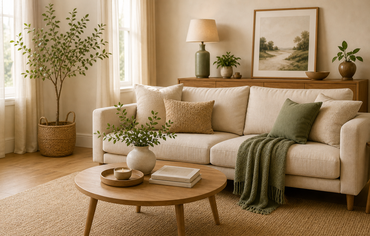 Warm neutral living room with a beige sofa and natural wood decor